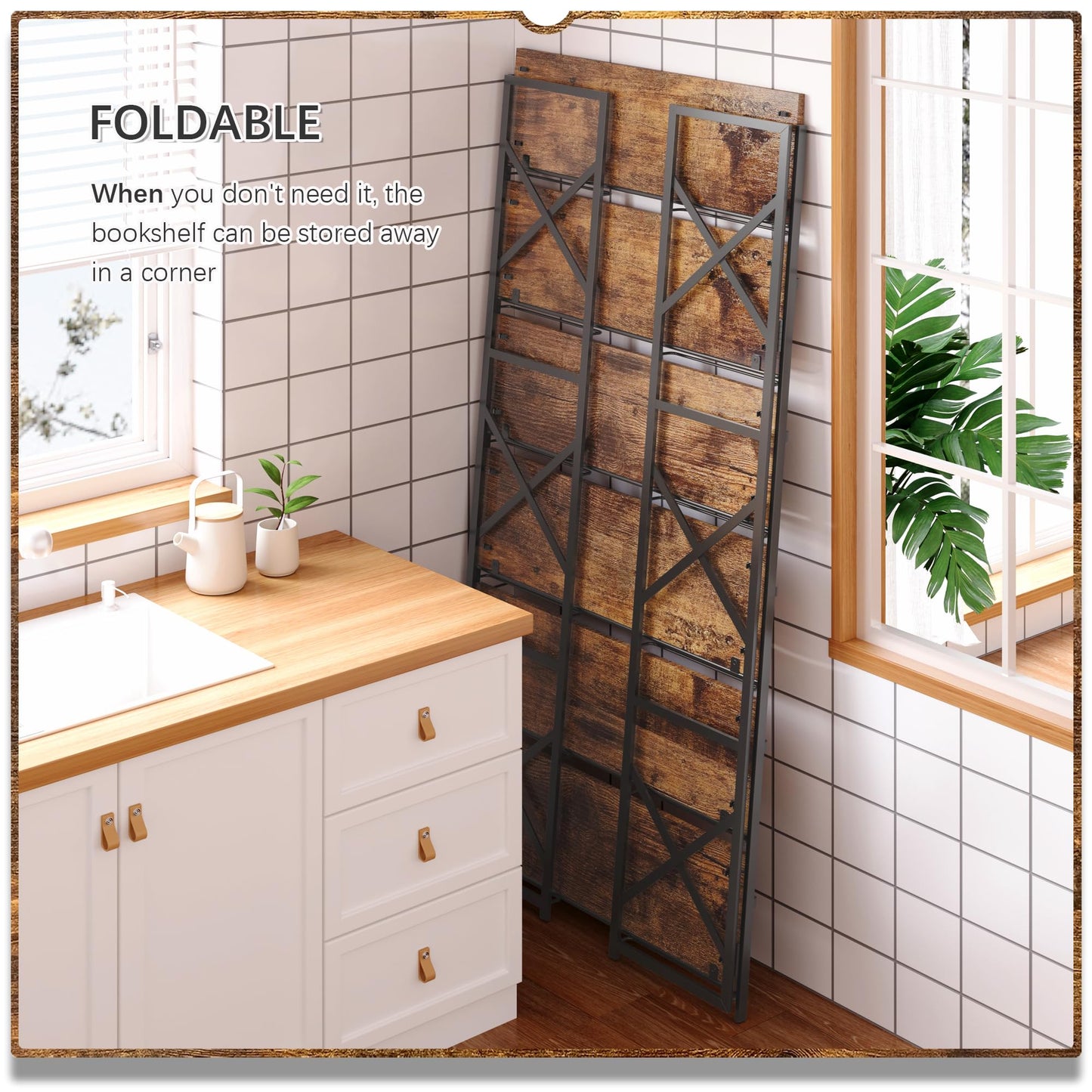 4NM Extra Wide 6 Tiers No Assembly Book Shelves, 61.8" H Folding Bookshelf Bookcase Open Industrial Foldable Shelves for Bedroom, Living Room, Home Office - Rustic Brown Black