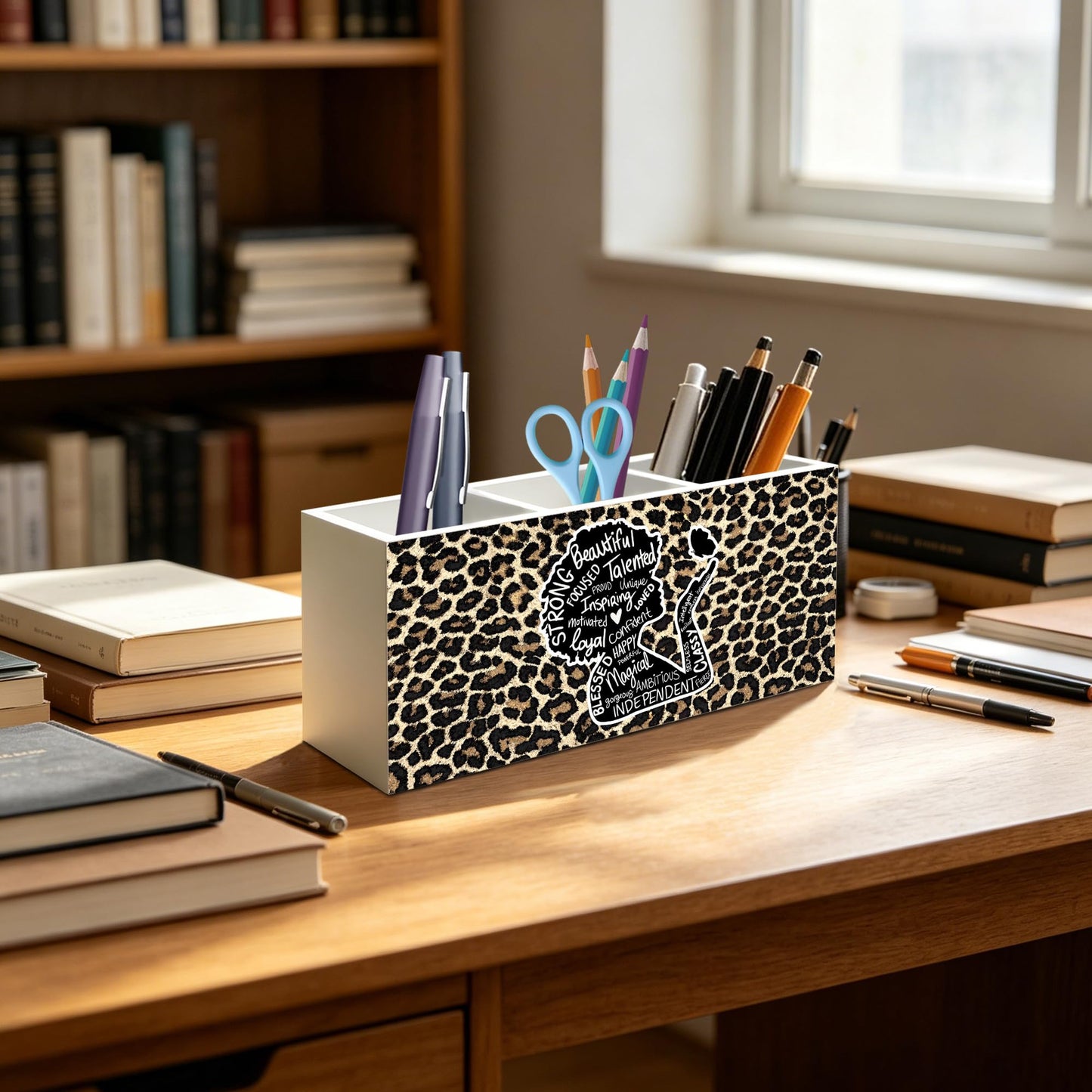 NHGMHBD Inspirational Black Girl Woman Leopard Print Makeup Brush Toothbrush Holder for African American Women, Black Girl Magic Cheetah Print Wood Signs Pen Pencil Holder Organizer Desk Accessories
