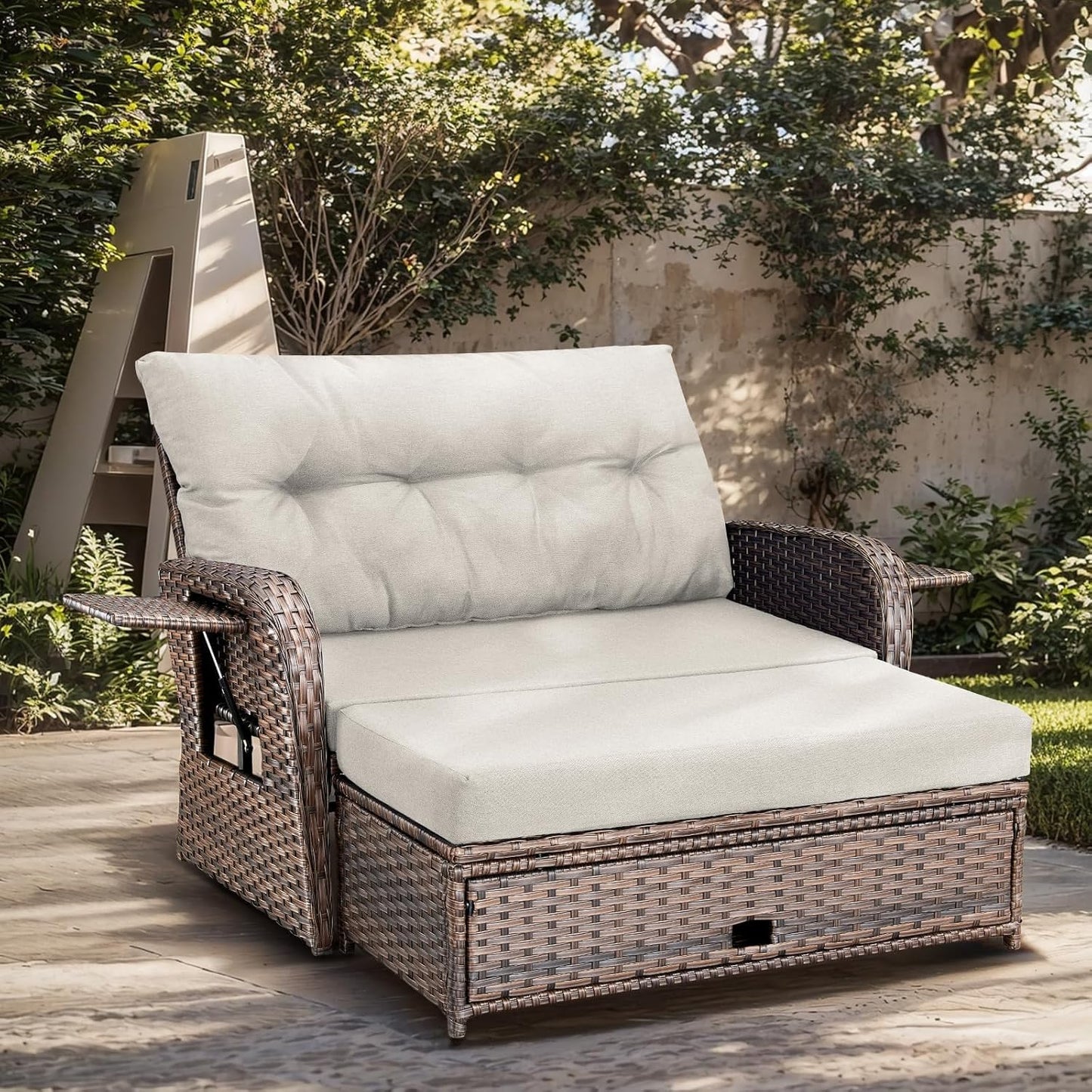 Bellefurn Outdoor Daybed, Patio Daybed Wicker Recliner for Two with Multifunctional Recliner and Stowable Side Tray, 5 Level Adjustable Backrest (Beige)