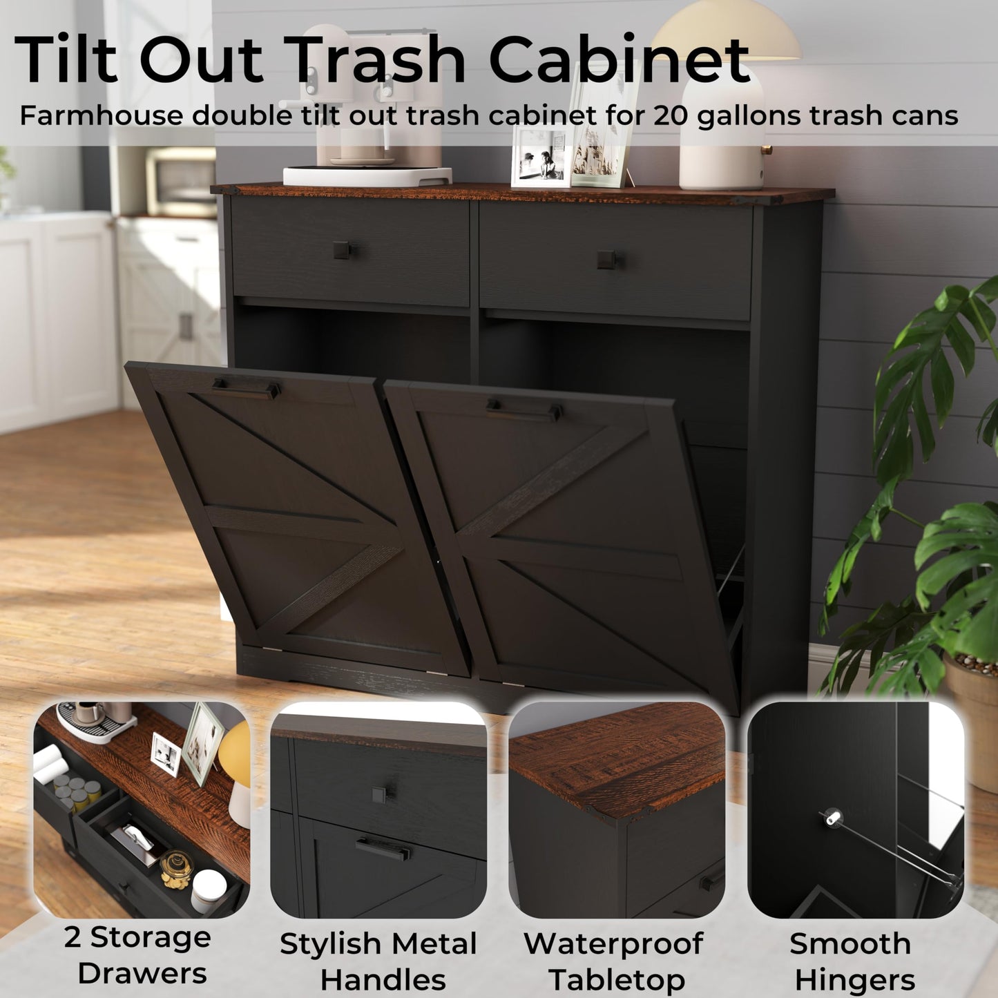 HUYYA Modern Sideboard Cabinet Buffet Storage Console Credenza for Dining Room, Free Standing Tilt Out Trash, Laundry Sorter Cabinet with Sturdy Construction and Easy Clean Surf