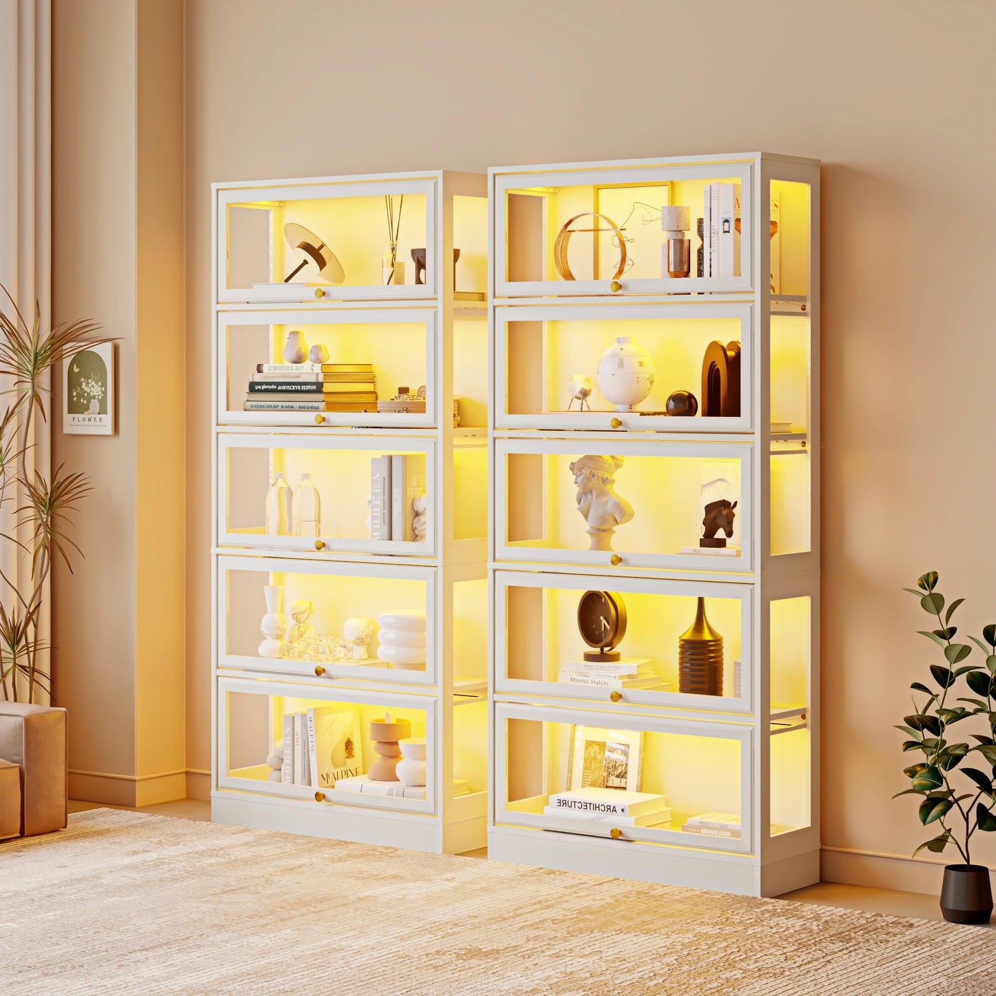 BONITURE Display Cabinet with Acrylic Glass Doors,5-Tiers Curio Cabinet with LED Lighting for Collectibles, Collectibles Toy Organizers Rack & Display Shelf Display Case Storage Cabinet, White