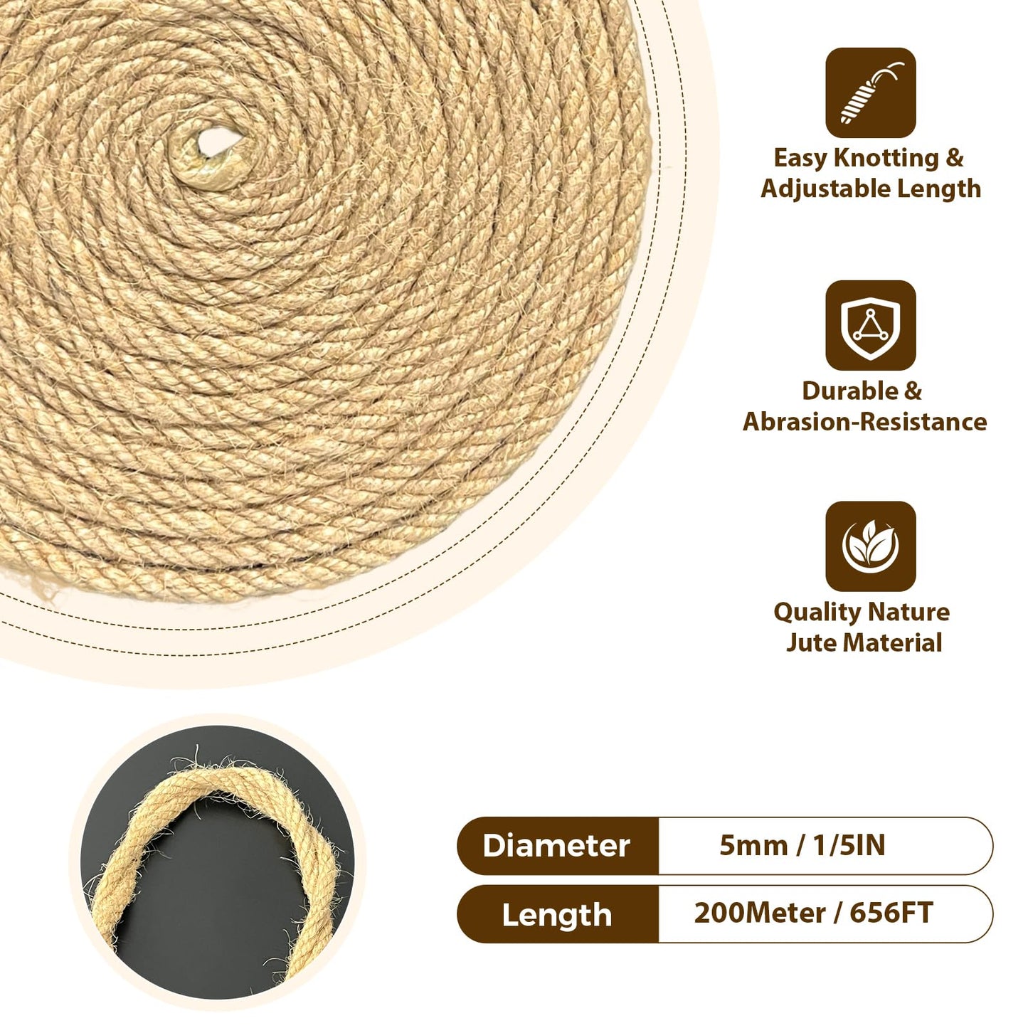 Natural Jute Twine 5mm x 656ft, 4Ply Twisted Heavy Duty Rope Roll for Gardening, Crafting, Bundling, Cat Scratching Post, Home Decor, Christmas Decorations