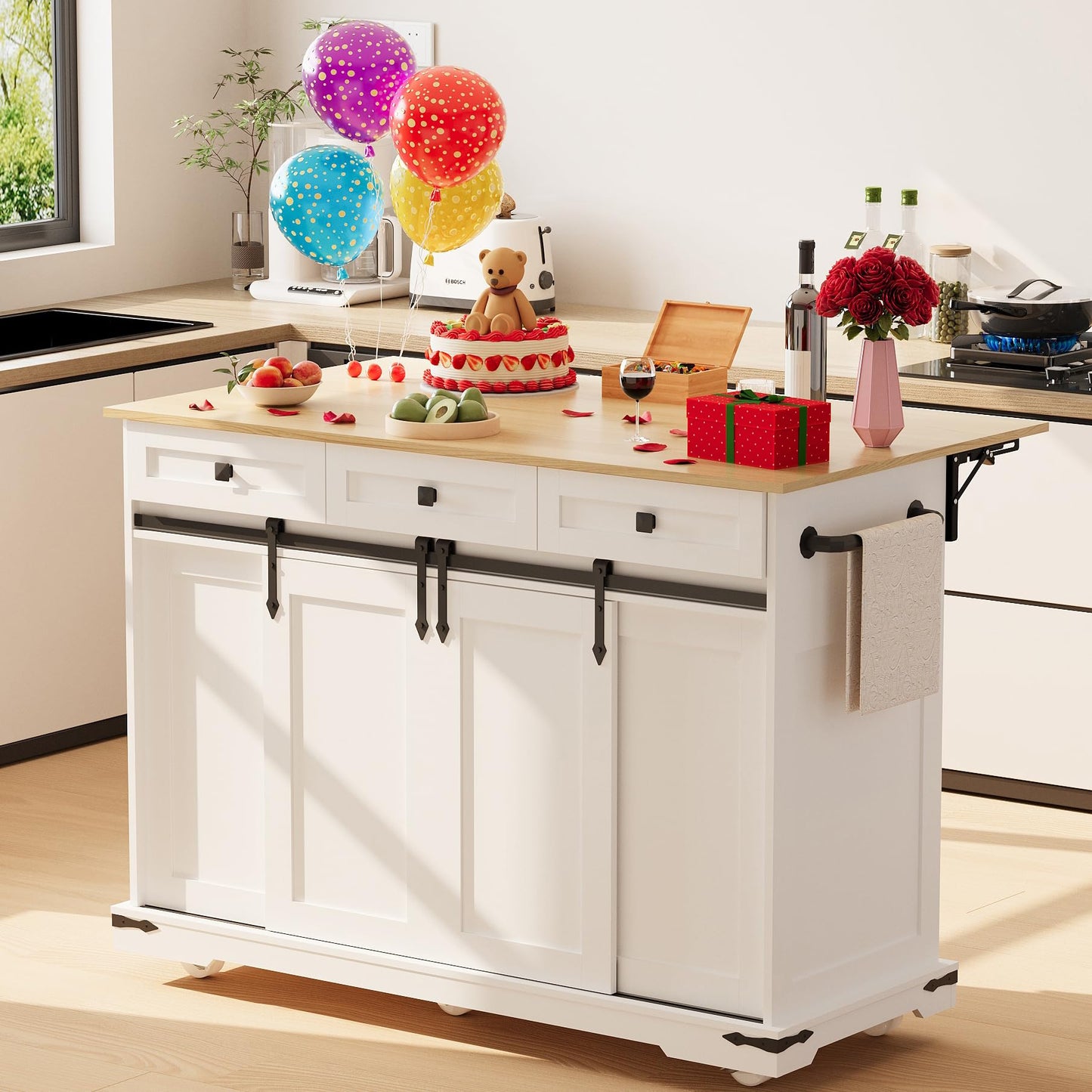Large Rolling Kitchen Island with Power Outlet, Mobile Kitchen Cart on Wheels with Drop Leaf, 3 Drawers, Trash Can Storage, Spice Rack, Towel Holder, Kitchen Island Table for Dining Room, Home, White