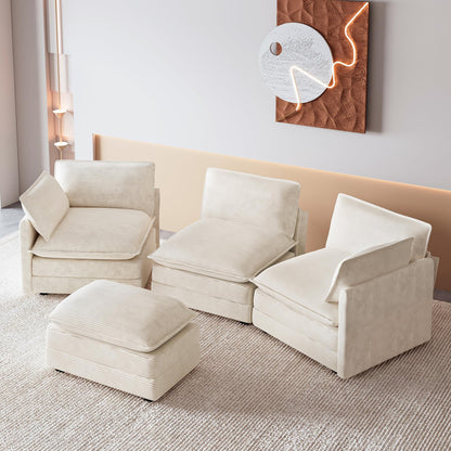 ROWHY 112'' Oversized Modular Sectional Cloud Couch with Movable Ottoman, 4 Seat Modern Corduroy Sofa, Deep Seat L Shaped Couch for Living Room Bedroom Apartment, Cream