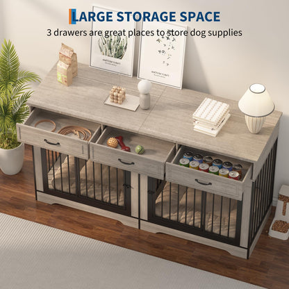 Extra Large Double Dog Crate Furniture – 70.9" Heavy Duty Wooden Kennel for 2 Medium or Large Dogs, Decorative End Table with 3 Drawers, TV Stand, Indoor Dog Cage with Double Doors