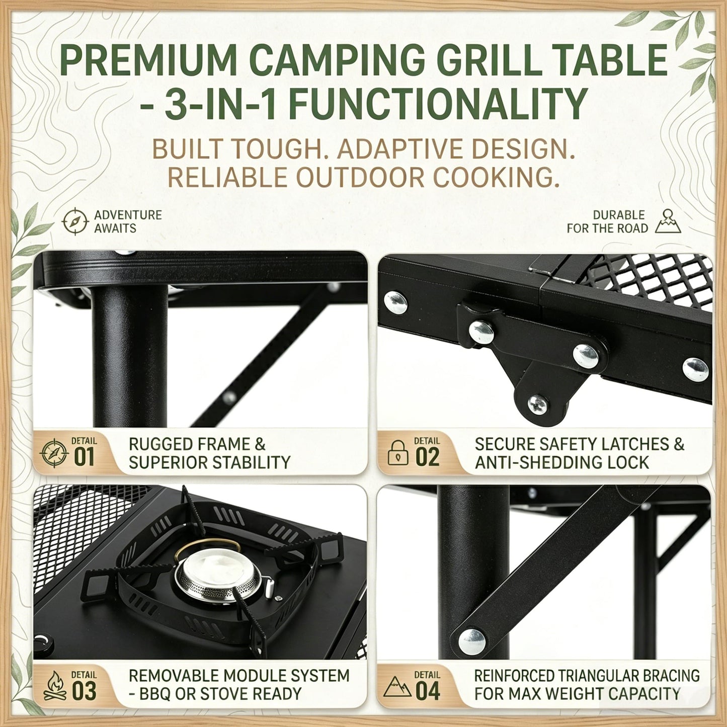 Portable Folding Aluminum Camping Table — IGT-Compatible Modular Camp Kitchen Table, Carbon Steel Mesh Top with Tactical Hooks & Carry Bag, for Camping Picnic Tailgating BBQ Outdoor Cooking
