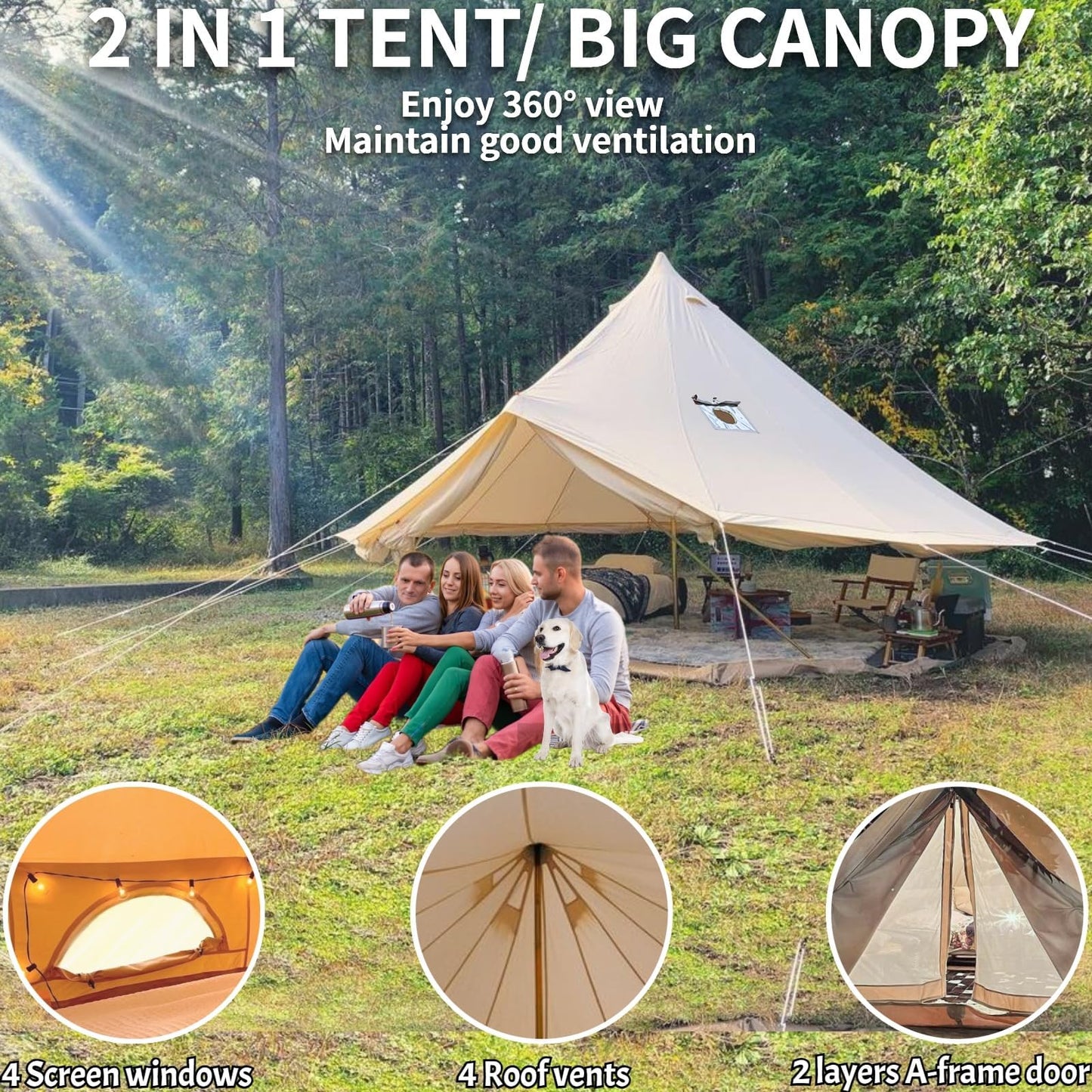 DANCHEL OUTDOOR B5PRO 4 Season Canvas Tent with Stove Jack Camping, Waterproof Bell Tent with AC Port Yurt All Year Living, Luxury Glamping for 6 Person Hunting Party,16.4ft/5m
