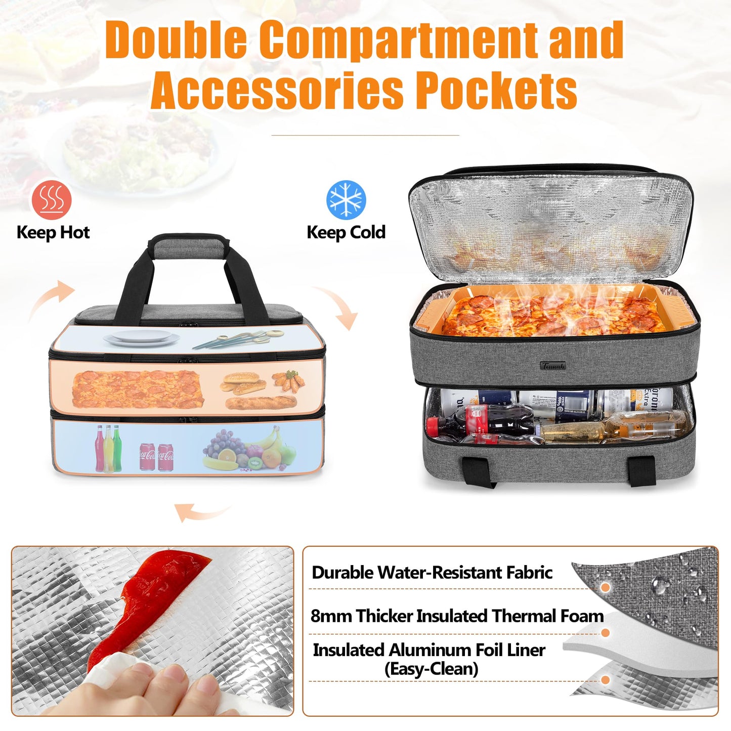 Trunab Casserole Carrier for Hot or Cold Food Insulated Casserole Dish Carrier Thermal Tote Bag for Picnic, Fits 9"×13" Baking Dish, 11 x 15 Foil Pans, Grey