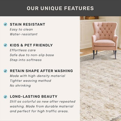 Farmhouse 6x8 Area Rug - Soft Beige Cream Carpet for Living Room, Bedroom & Home Office | Non-Slip & Washable