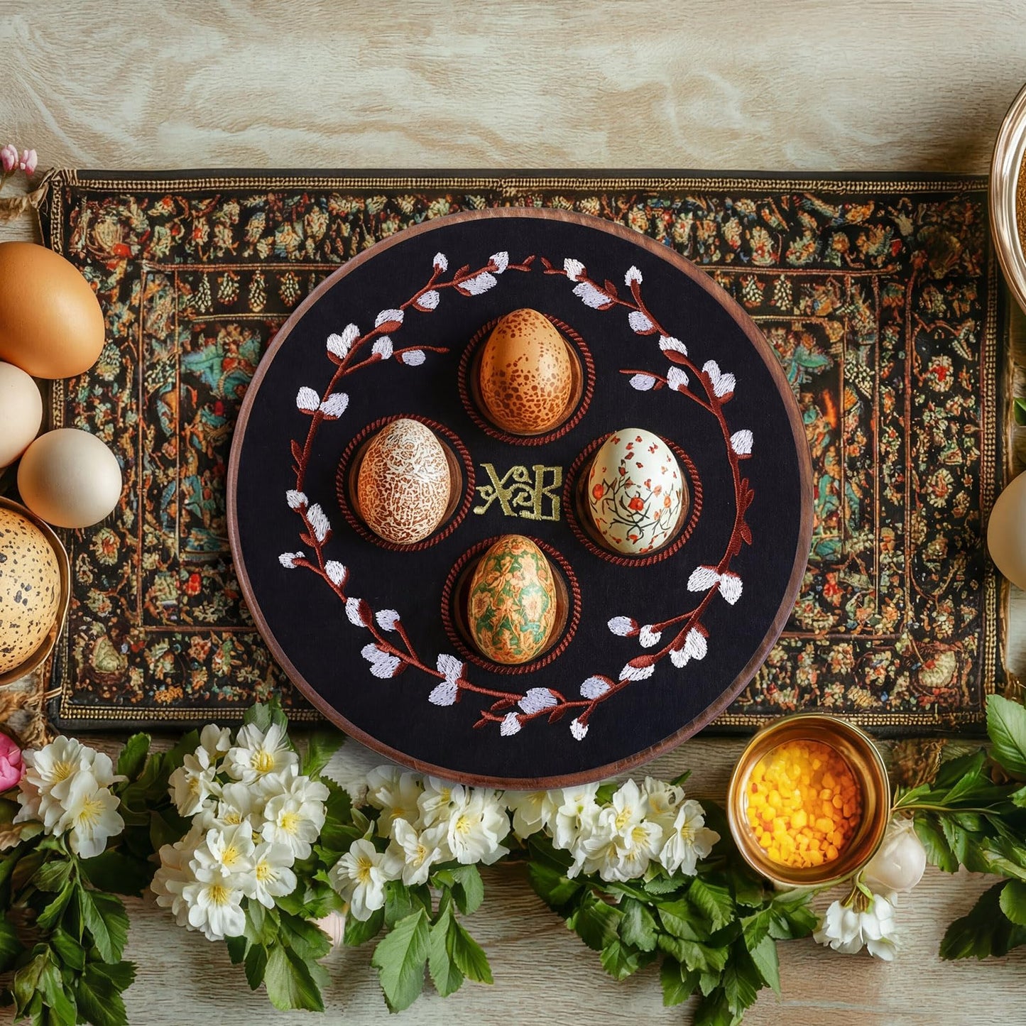 Vicenpal Greek Orthodox Easter Egg Holder Wooden Decorative Easter Egg Display Stand with Xb Embroidery Floral Pascha Patch Serving Tray Greek Pedestal Ukrainian Religious Gift for Orthodox Home Decor