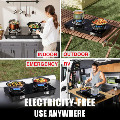 TopFleme 2 Burner Propane Stove 27,200 BTU High-Efficiency Tempered Glass Auto-Ignition Gas Burner Stove Top with CSA Hose for Outdoor RV Camping Emergency Cooking