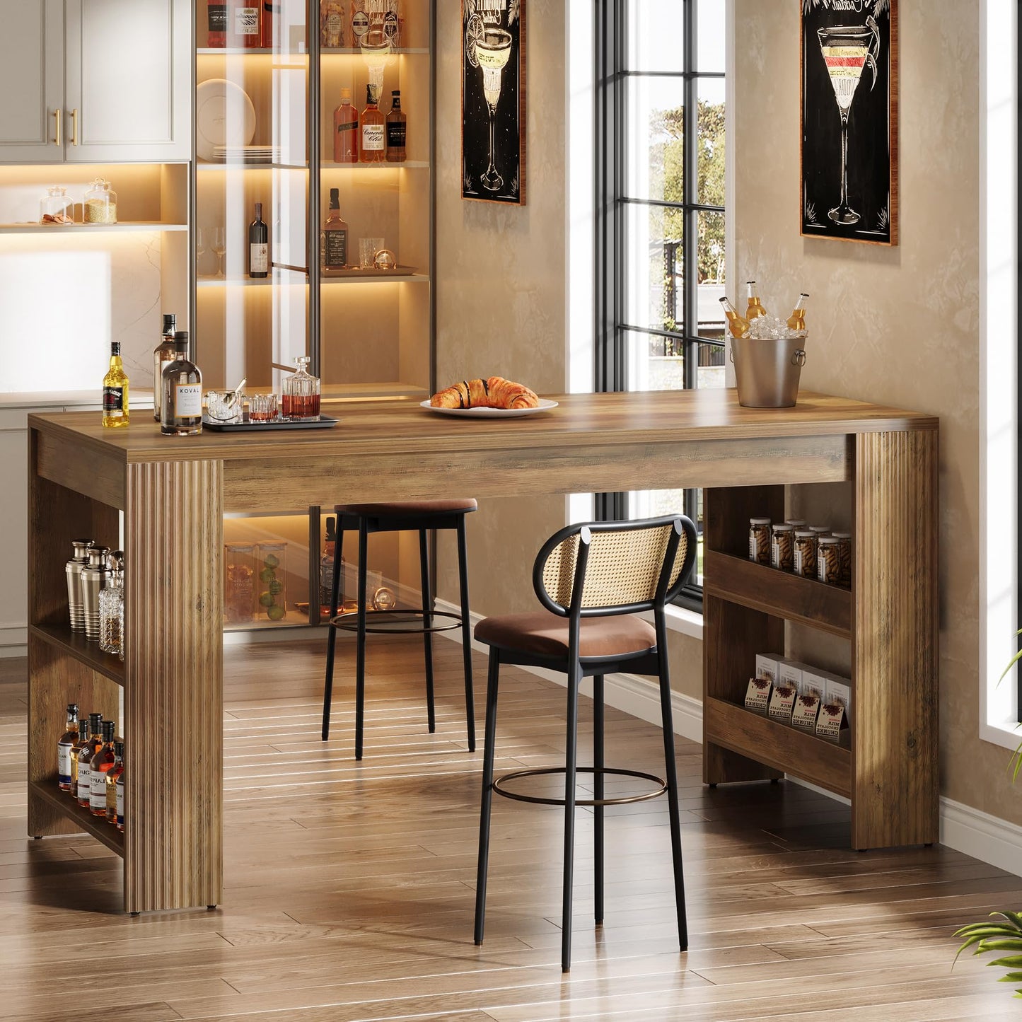 Tribesigns 63-Inch Bar Table, Farmhouse Counter Height Pub Table with Storage Shelves, High Top Bar Unit for Kitchen, Dining Room, Bistro, Rustic Brown