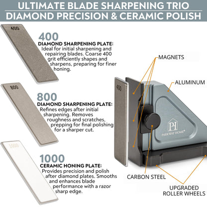PATENTED ORIGINAL ADJUSTABLE ROLLING KNIFE SHARPENER KIT: Adjustable Height, 10° to 40° for 30 Angle Options, Removeable Diamond Plates with Travel Case - Kitchen Knife Sharpener