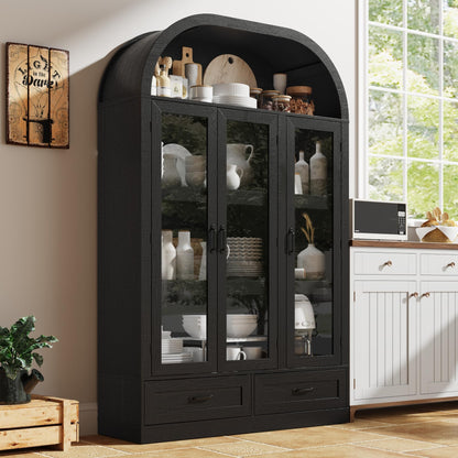 73" Tall Arched Kitchen Pantry Cabinet w Load-Bearing Steel Pipe,Modern Farmhouse Kitchens Storage Cabinet with Drawer and Glass Doors,Tall Arched Bookcase,Pantry Organizer(Woodgrain Black)