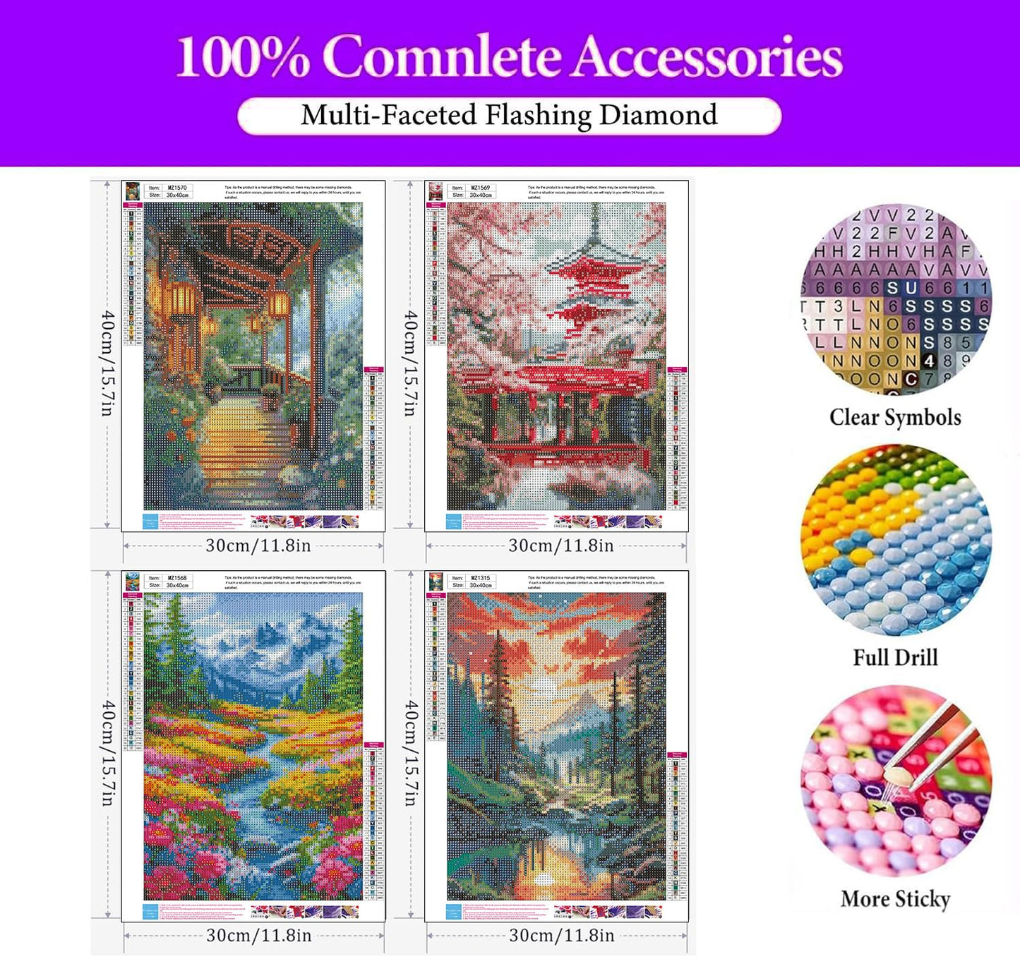 Diamond Art Kits for Adults, 4 Packs Landscape Diamond Art Painting Kits for Adults, Diamonds Painting Kit for Adult, 5D DIY Full Round Drill Gem Craft for Adult Gifts, Home Wall Decor 11.8" x 15.7"