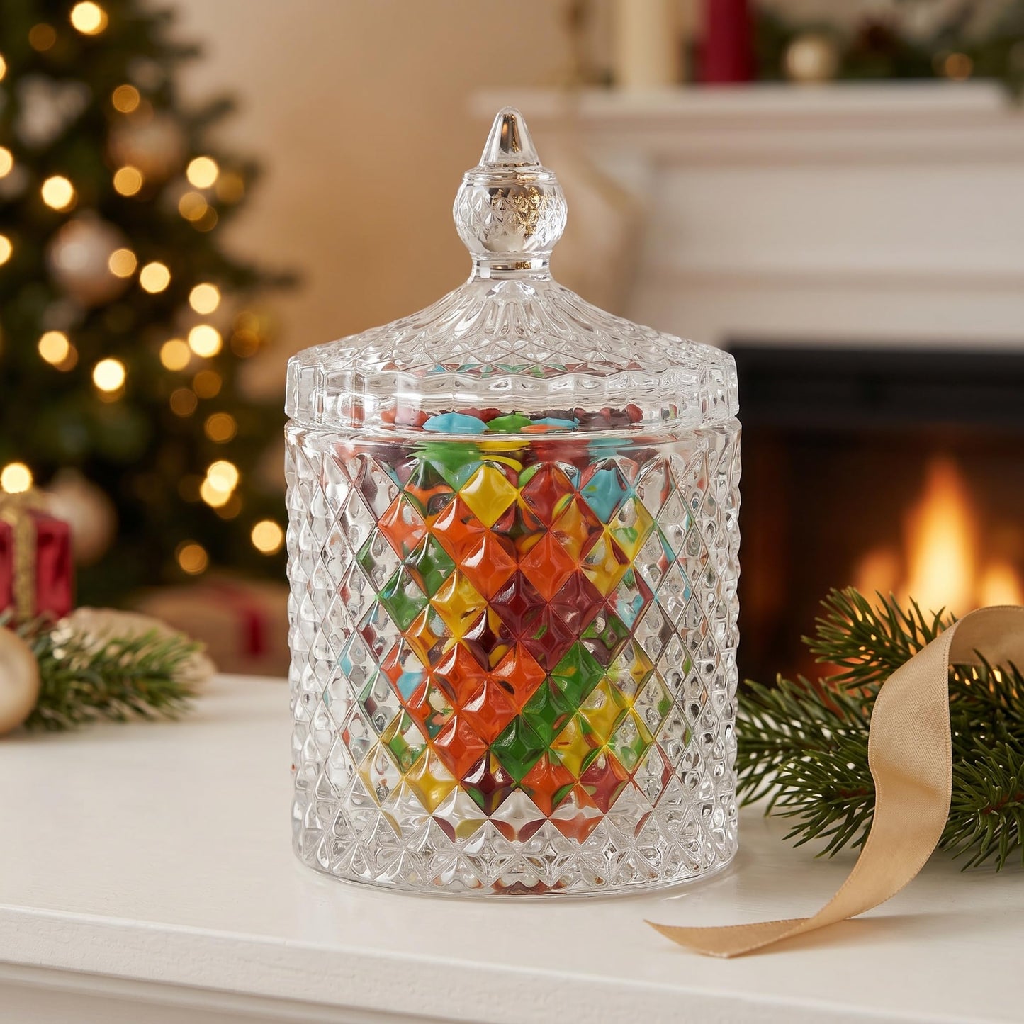 Hedume 4 Pack Crystal Diamond Faceted Jar with Crystal Lid, Glass Food Storage Organization Set Suitable as Candy Dish, Cookie Tin, Decorative Sugar Bowl (Diameter 3.3 Inch)