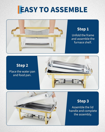 Garvee Chafing Dishes for Buffet Set of 2, 8QT Buffet Servers and Warmers Set with Lid & Foldable Frame, Rectangular Stainless Steel Chafer Food Warmer for Parties Wedding Catering Supplies, Gold