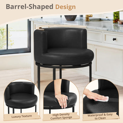 LUE BONA 26.8" Counter Height Bar Stools Set of 3, 180° Swivel Bar Stools, Modern Barrel Counter Stools with Back and Metal Frame, Faux Leather Upholstered Barstools for Kitchen Island, Black