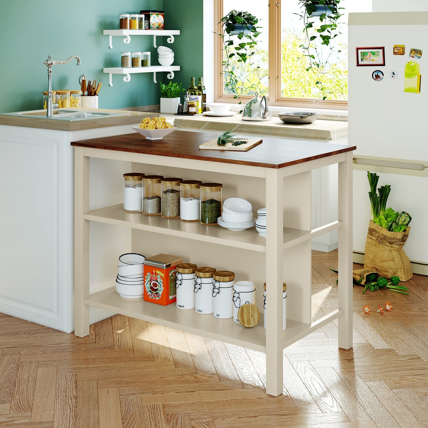 Ball & Cast 45" Solid Wood Rustic Stationary Kitchen Island,with 2 Shelves,Rubber Butcher Block Dining Table w/Shelf Half Full Open Side,for Dorm,Apartment,Walnut