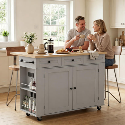 GarveeHome Rolling Kitchen Island with Drop Leaf Countertop, Charging Station & Ample Storage - 47.2 in Mobile Kitchen Cart On Wheels with Pull-Out Shelves, Drawers, Spice Rack & Organizer Divider