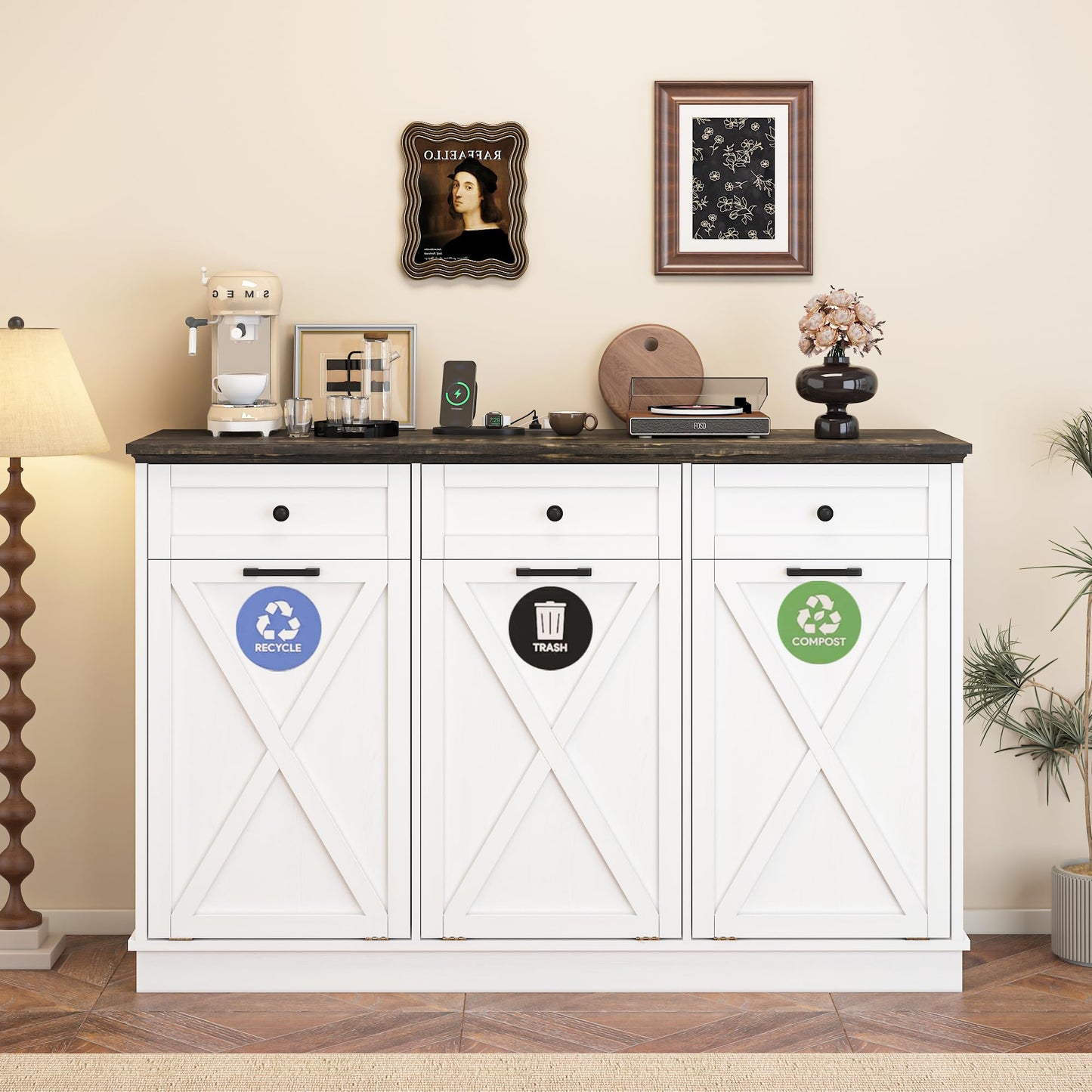 Triple Tilt-Out Trash Can Cabinet, 39 Gallons Wooden Kitchen Garbage and Recycling Bin with 3 Hideaway Drawers, Power Outlets, Pet Proof - Freestanding Laundry Hamper Storage for Bathroom, White