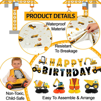 Set 4 Construction Birthday Party Supplies for Boy Birthday Decorations with Foil Truck Balloons Happy Birthday Banner