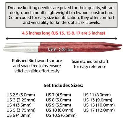 KnitPro Dreamz Grande Set 5 inch Circular Knitting Needles Size 2.5, 3, 4, 5, 6, 7, 8, 9, 10, 10.5, 11, 13, 15, 17 Interchangeable, 6 Cables, 4 Connectors, Fabric Case & More with Project Bag