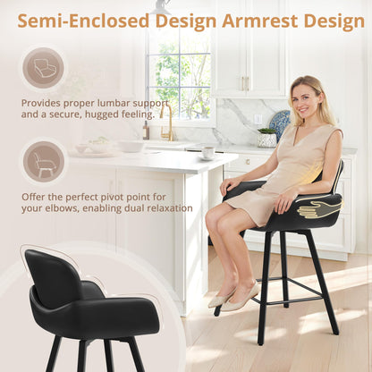 LUE BONA 26" Swivel Bar Stools Set of 4, Counter Height Bar Stools with Backrest and Arms, Modern Upholstered Barstools with Metal Legs for Kitchen Island, Black