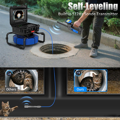 JINXINEBAY 10 Inch IPS Sewer Inspection Camera with 512Hz Locator, 1080P AHD, 50M Cable, DVR, Auto Self-Leveling, 5X Zoom, TF Card, LED Lights for Pipe/Wall/Drain (100FT/512hz Locator)