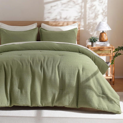 PHF Soft Waffle Comforter Set King Size- Comfy Breathable Waffle Weave Comforter with 2 Pillow Shams, 3 Pieces Less Snagging Lightweight Textured Bedding Set for All Season, Olive Green