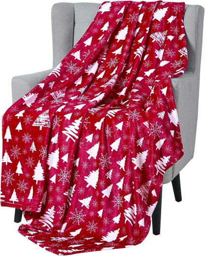 Winter Christmas Holiday Fleece Throw Blanket: Velvety Soft Forest Tree and Snowflake Design, Accent for Couch Bed