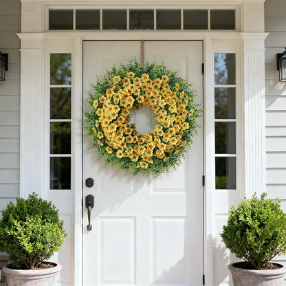 Skiennix 26" Large Artificial Eucalyptus Wreath - Realistic Faux Silk Morning Glory Flowers for Home & Wedding Decor (Yellow)