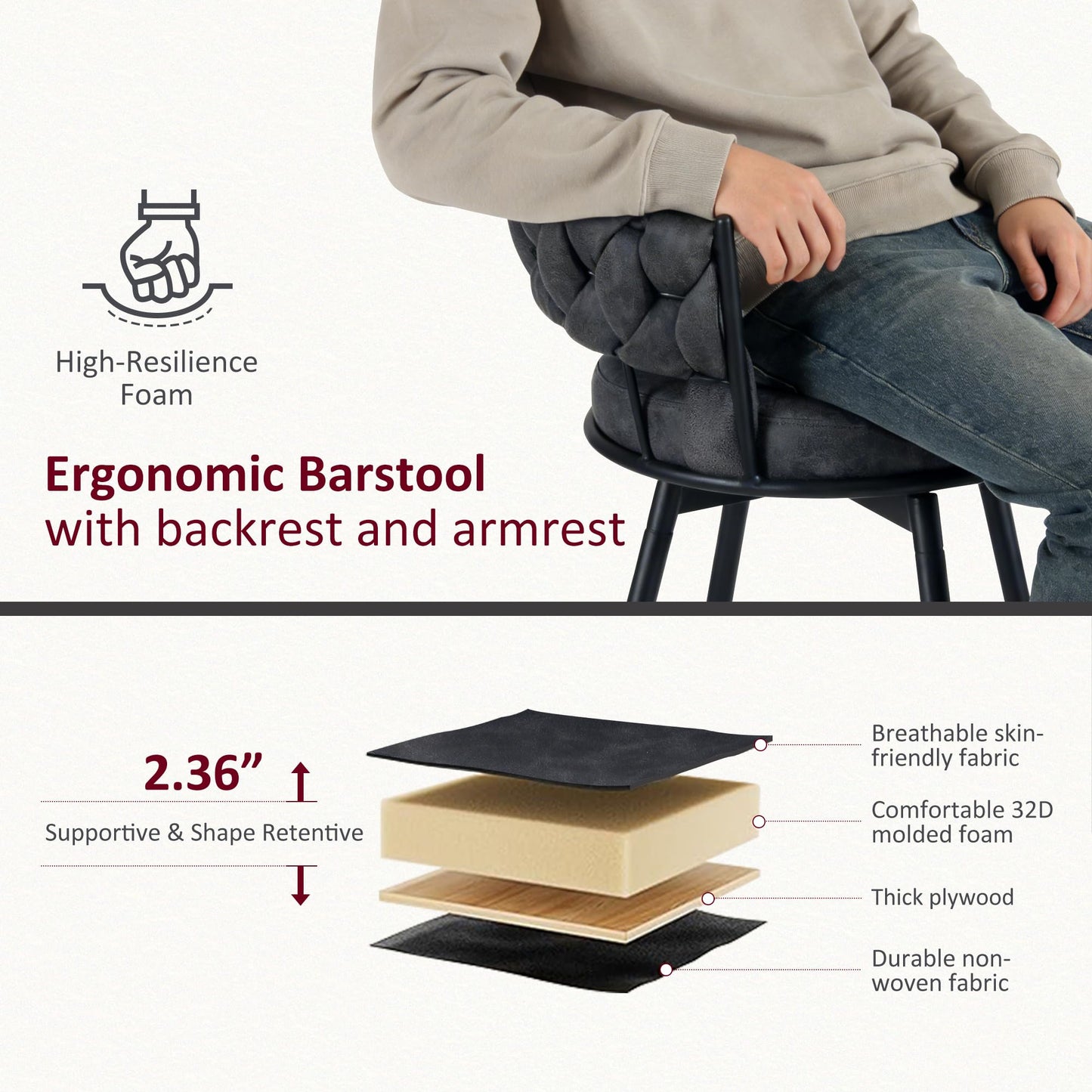 YOUNIKE Bar Stools Set of 2, 28.7 inch Seat Height Bar Chairs, 360° Swivel Counter Height Barstools with Woven Back and Armrest, Upholstered Suede Fabric Counter Stools for Kitchen Island, Pub, Grey