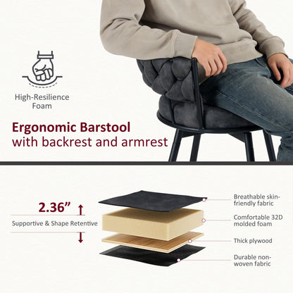 YOUNIKE Bar Stools Set of 2, 28.7 inch Seat Height Bar Chairs, 360° Swivel Counter Height Barstools with Woven Back and Armrest, Upholstered Suede Fabric Counter Stools for Kitchen Island, Pub, Grey