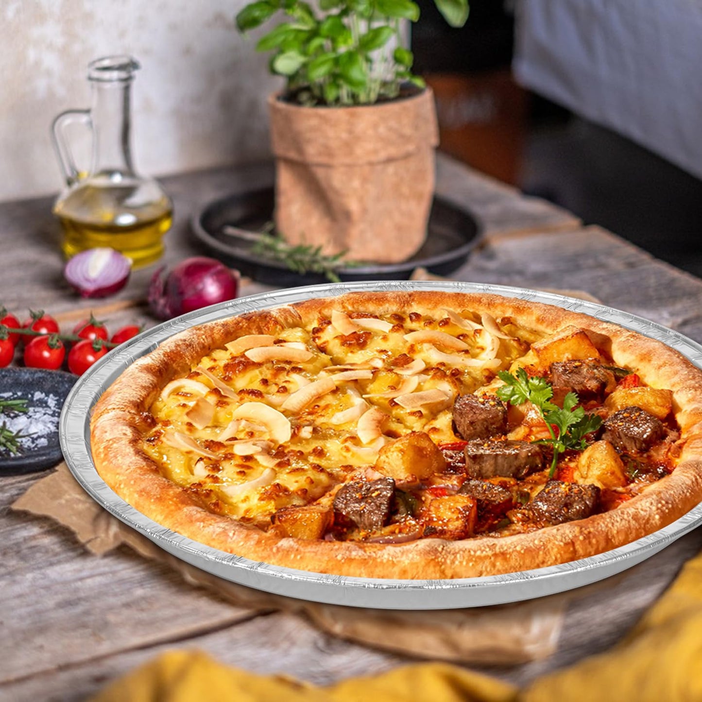 FMOACEN 10 Pcs Disposable Pizza Pans - 12 Inch Round Pizza Pan - Aluminum Foil Bakeware Trays, Oven Safe Bulk Set for Kitchen, Restaurant & Home Holiday Activities Accessories