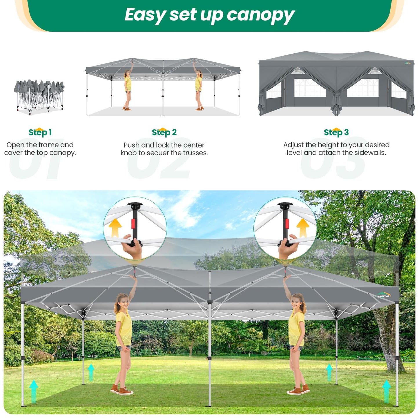 COBIZI Canopy 10x20 Pop Up Canopy Tent with 6 Sidewalls, One Push Party Tents for Parties Outdoor Wedding Waterproof Gazebo Commercial Event Tent with Sandbags, Grey