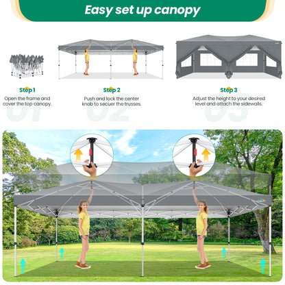 COBIZI Canopy 10x20 Pop Up Canopy Tent with 6 Sidewalls, One Push Party Tents for Parties Outdoor Wedding Waterproof Gazebo Commercial Event Tent with Sandbags, Grey