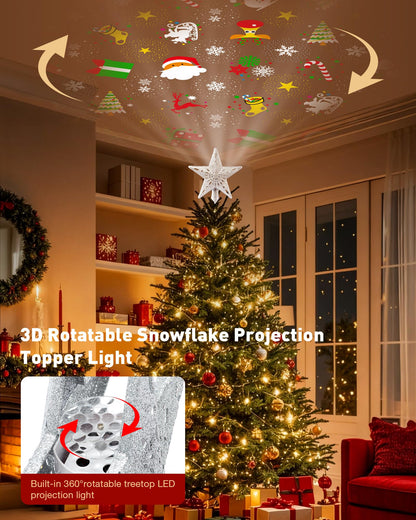 Christmas Tree Topper Lighted with 6 Patterns Projector, Christmas Star Tree Topper Built-in 3D Glitter LED Rotating Lights, Hollowed Christmas Tree Ornament for Xmas Party Holiday Decoration(Silver)