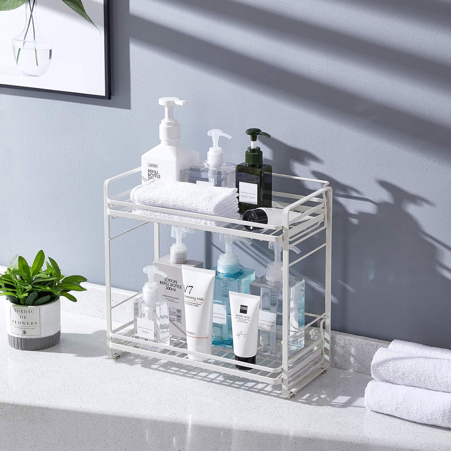 zccz 2-Tier Bathroom and Kitchen Organizer, Easy Assembly Storage in White Cream Color for Countertop