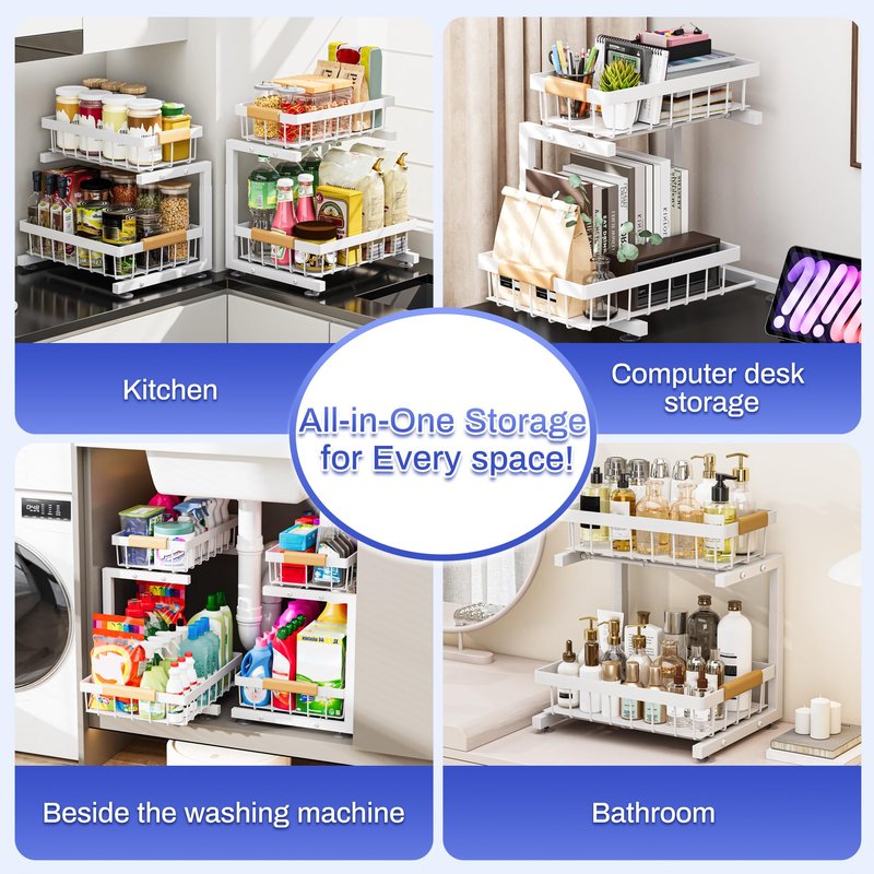 ADBIU 2 Pack Under Sink Organizers and Storage, Height Adjustable 2-Tier Pull Out Cabinet Organizer, Heavy Duty Slide Out Sink Shelf Drawer for Kitchen Bathroom Organization