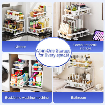 ADBIU 2 Pack Under Sink Organizers and Storage, Height Adjustable 2-Tier Pull Out Cabinet Organizer, Heavy Duty Slide Out Sink Shelf Drawer for Kitchen Bathroom Organization