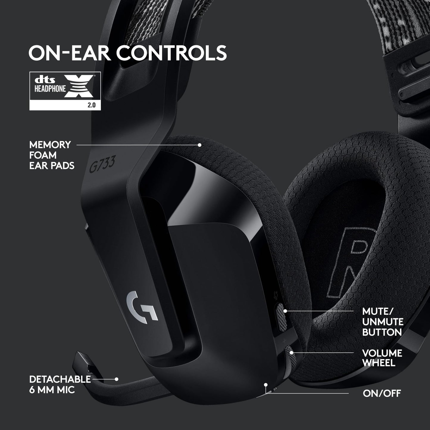 Logitech G733 Lightspeed Wireless Gaming Headset with Suspension Headband, LIGHTSYNC RGB, Blue VO!CE mic Technology and PRO-G Audio Drivers, Lightweight, 29 Hour Battery Life, 20m Range - Black