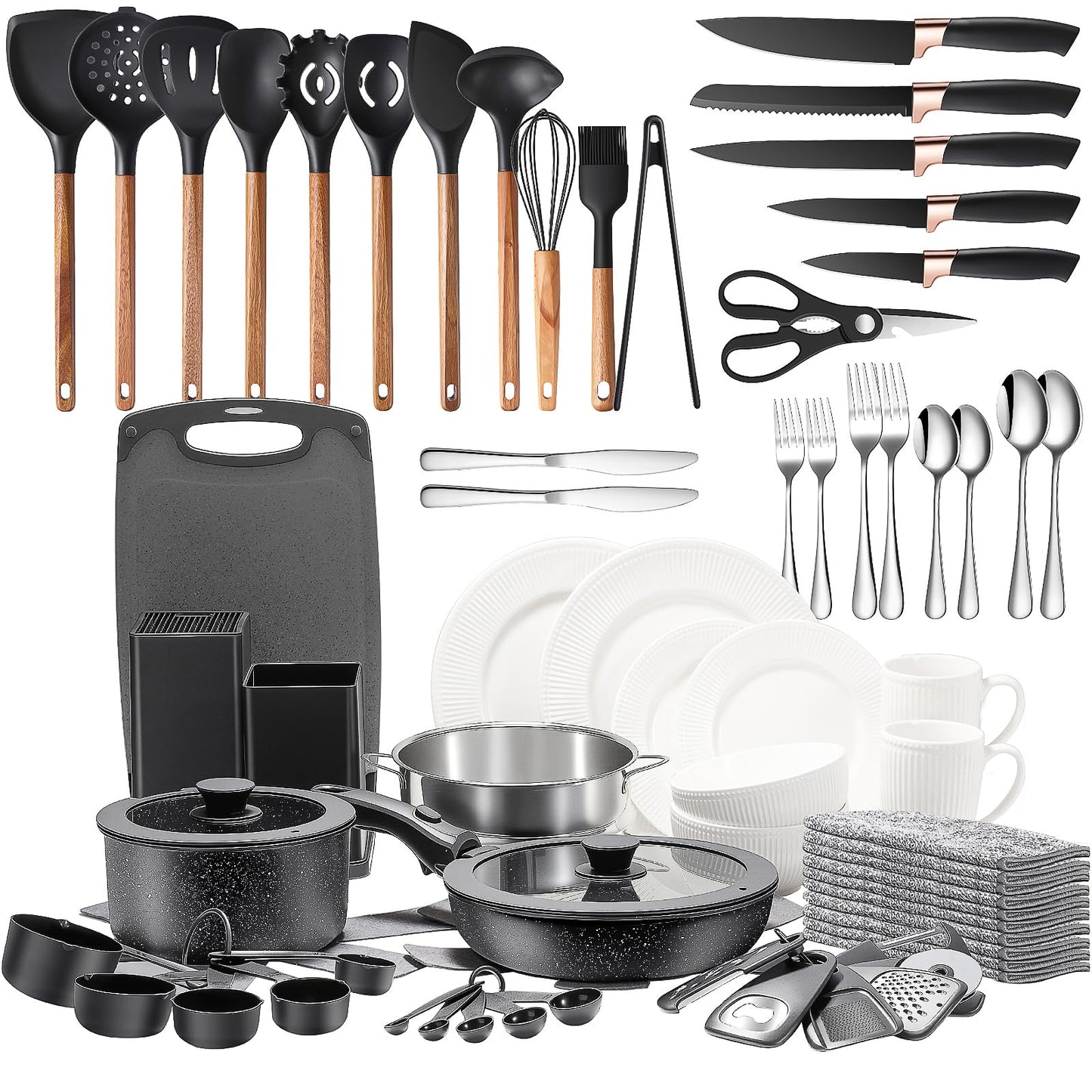 72-Piece Kitchen Cooking Set, Pots and Pans Cookware, Nonstick Cookware Set, Plates and Bowls Dinnerware Knife Set, Kitchen Gadgets & Tools For New Home, Apartment, Mothers Day Gifts