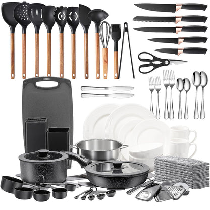 72-Piece Kitchen Cooking Set, Pots and Pans Cookware, Nonstick Cookware Set, Plates and Bowls Dinnerware Knife Set, Kitchen Gadgets & Tools For New Home, Apartment, Mothers Day Gifts