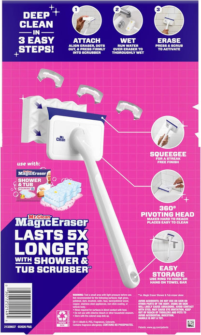 Mr. Clean Magic Eraser Shower & Tub Scrubber - All-in-One Bathroom Cleaner Kit | Lemon Scent, 1 Scrubber & 2 Erasers