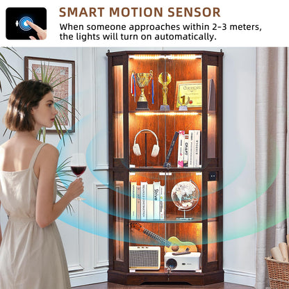 LELELINKY Farmhouse Glass Display Cabinet Set of 2 with Doors, Corner Curio Cabinet for Collectibles, Wooden Display Cabinets for Home, Office, Living Room, Corner, Walnut