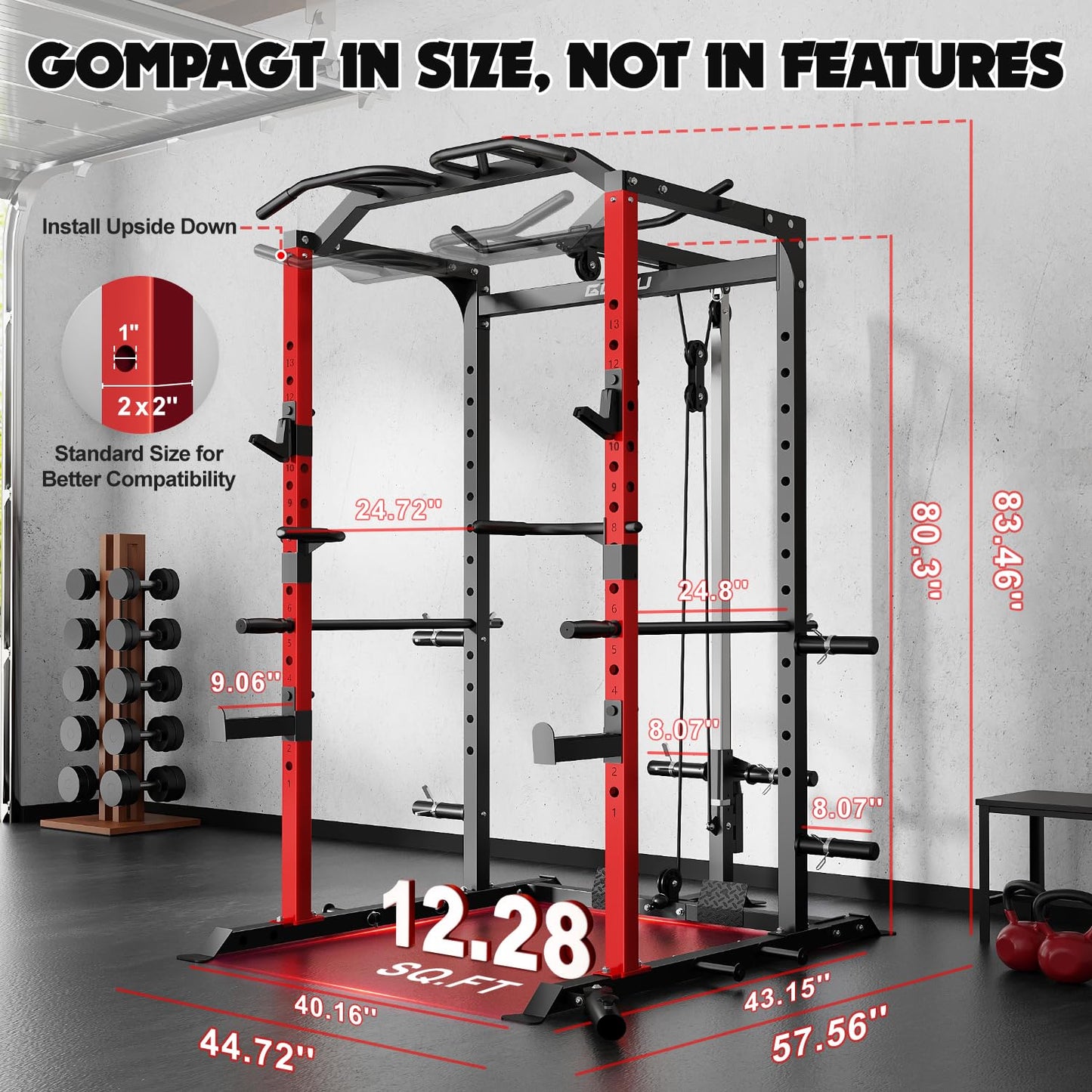 Goimu C1-V4 Power Cage, 2000LBS Squat Rack with LAT Pulldown, Multi-Function Weight Cage Strength Training Machine, Workout Cage with More Attachments for Home Gym Garage (RD Power Cage C1)