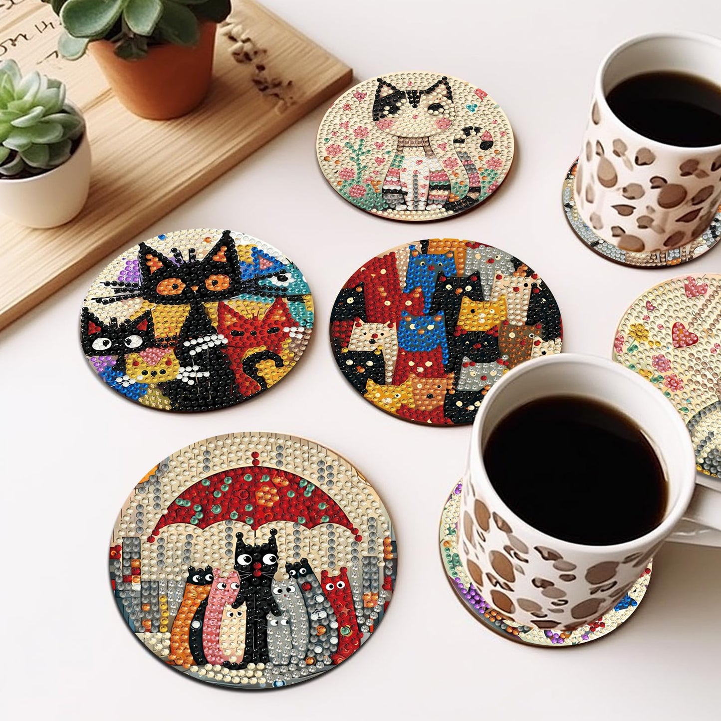 HMZephitiquc Cat Diamond Painting Coasters Kit, 8 Pcs Diamond Art Cat Coasters with Holder, 5D Small Gem Art Kit Easy Crafts, Non Slip Coaster for Home Decor Gift