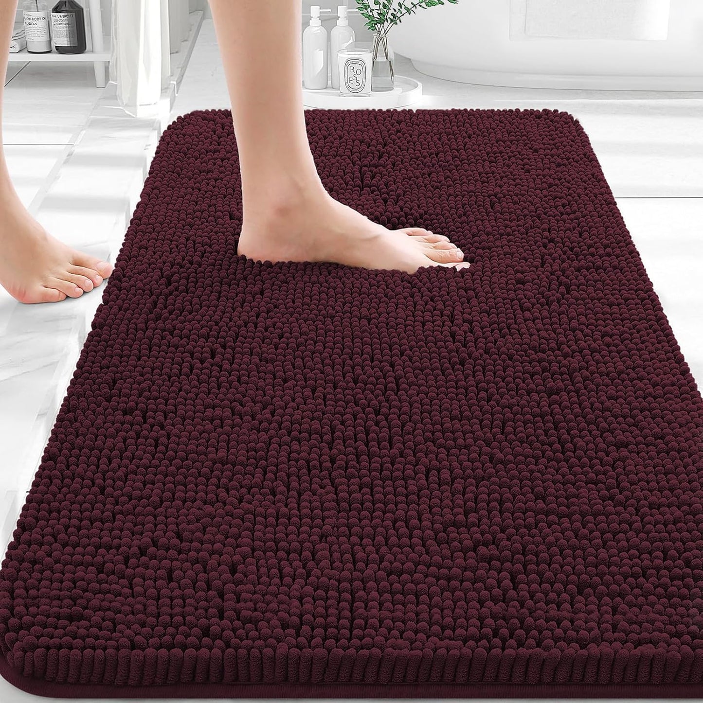 OLANLY Bathroom Rugs - Extra Soft Chenille Bath Mats | 30x20, Quick Dry, Machine Washable, Black Cherry