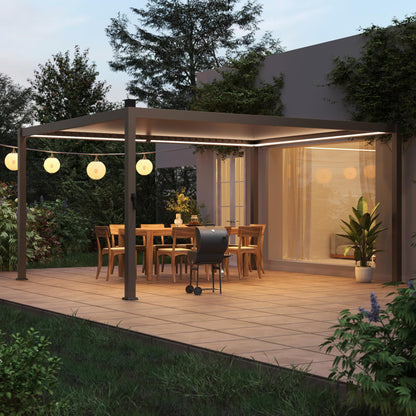 SANLUCE Patio LED Louvered Pergola, 12x14 Ft Outdoor Metal Pergolas with Adjustable Roof and LED Strip Lights, Easy Assembly Outdoor Pergola for Patio, Garden, Deck, Backyard(Brown)